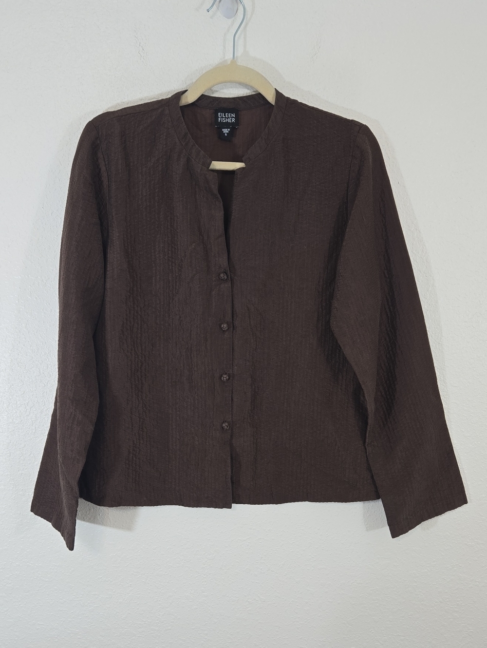 Eileen Fisher Brown Crinkle-Textured Button-Front Top Mandarin Collar, size S